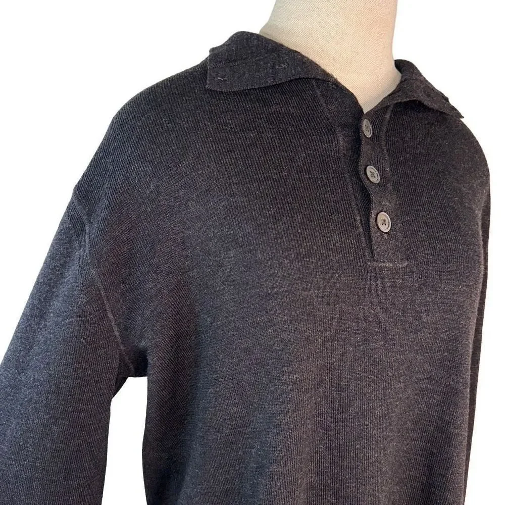 Banana Republic Mens Merino Wool Gray Button Collar Sweatshirt Medium Elbow Pads